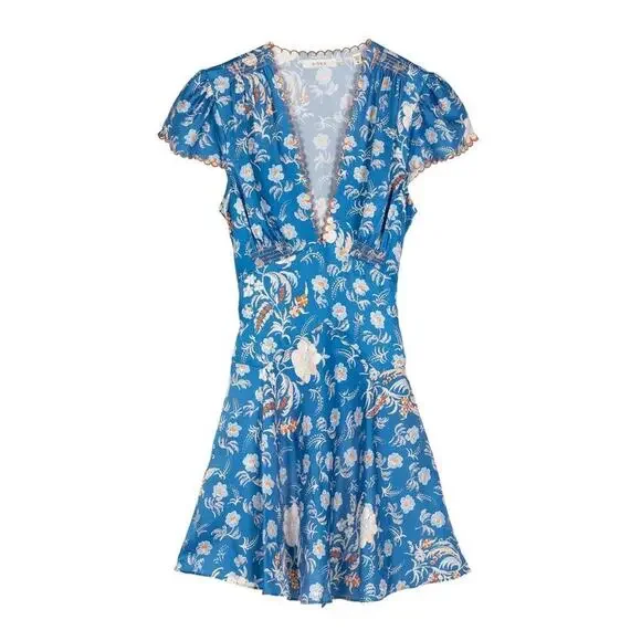 Doen Dianne Silk V Neck Puff Short Sleeve Mini Dress Blue Azure Hollyhock Hills - Picture 14 of 16